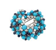 ASPREY, A 1960S DIAMOND, SAPPHIRE AND TURQUOISE SCROLL BROOCH