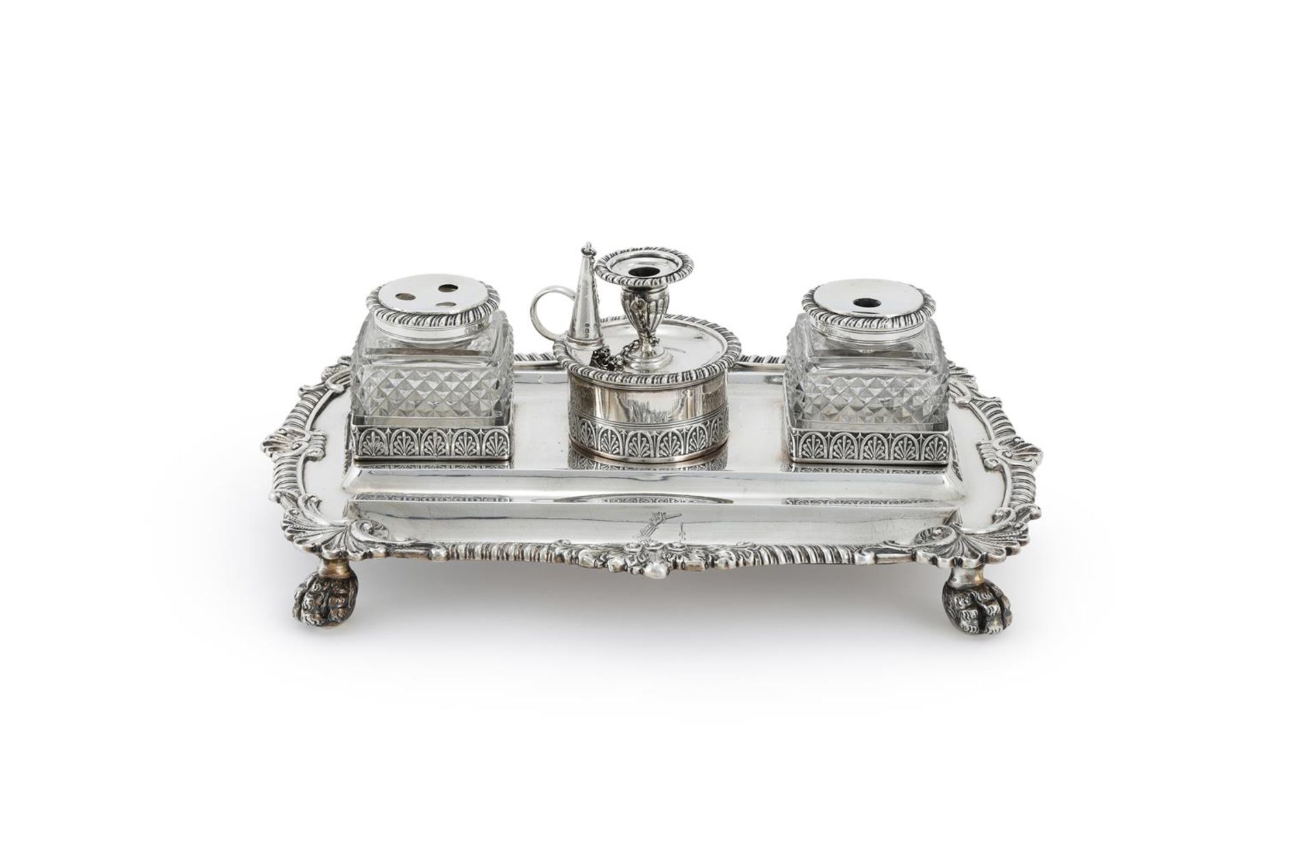 A GEORGE III SILVER SHAPED OBLONG INKSTAND