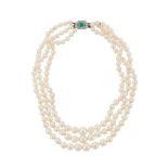 A THREE STRAND CULTURED PEARL NECKLACE TO AN EMERALD AND DIAMOND CLASP