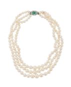 A THREE STRAND CULTURED PEARL NECKLACE TO AN EMERALD AND DIAMOND CLASP