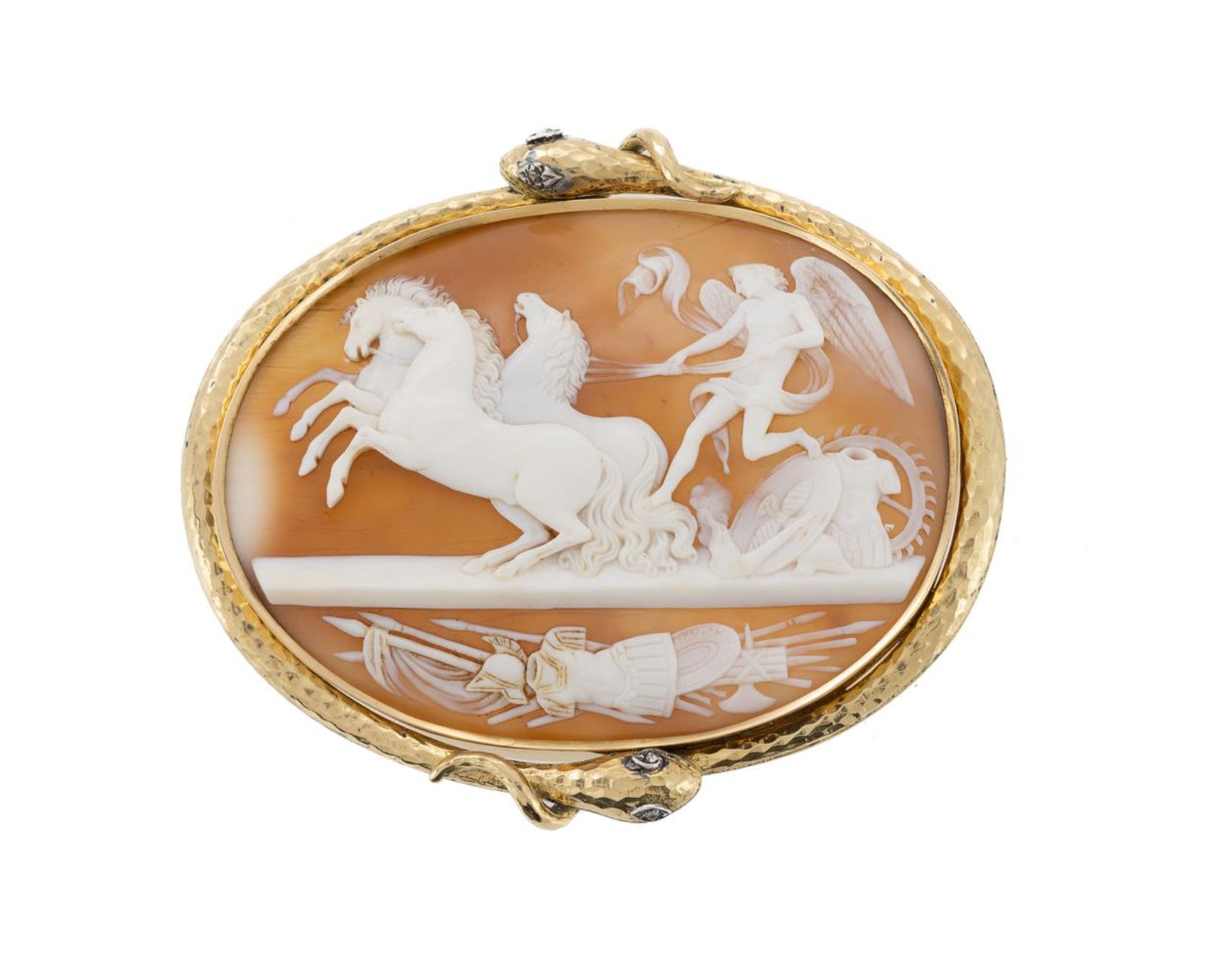 A MID VICTORIAN SHELL CAMEO BROOCH IN ENTWINED SERPENT SETTING, CIRCA 1870