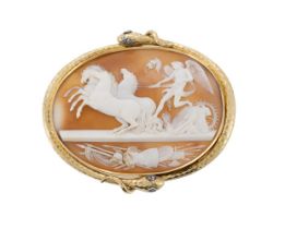 A MID VICTORIAN SHELL CAMEO BROOCH IN ENTWINED SERPENT SETTING, CIRCA 1870