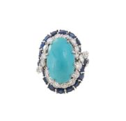 A MID 20TH CENTURY DIAMOND, SAPPHIRE AND TURQUOISE DRESS RING