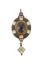 A VICTORIAN GARNET, ENAMEL AND CHRYSOPRASE HOLBEINESQUE LOCKET PENDANT, CIRCA 1870