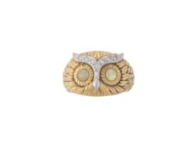 A DIAMOND AND CATS EYE CHRYSOBERYL OWL DRESS RING