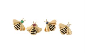 CARTIER, FOUR GEM AND BLACK ENAMEL SCATTER BEE PINS, CIRCA 1990