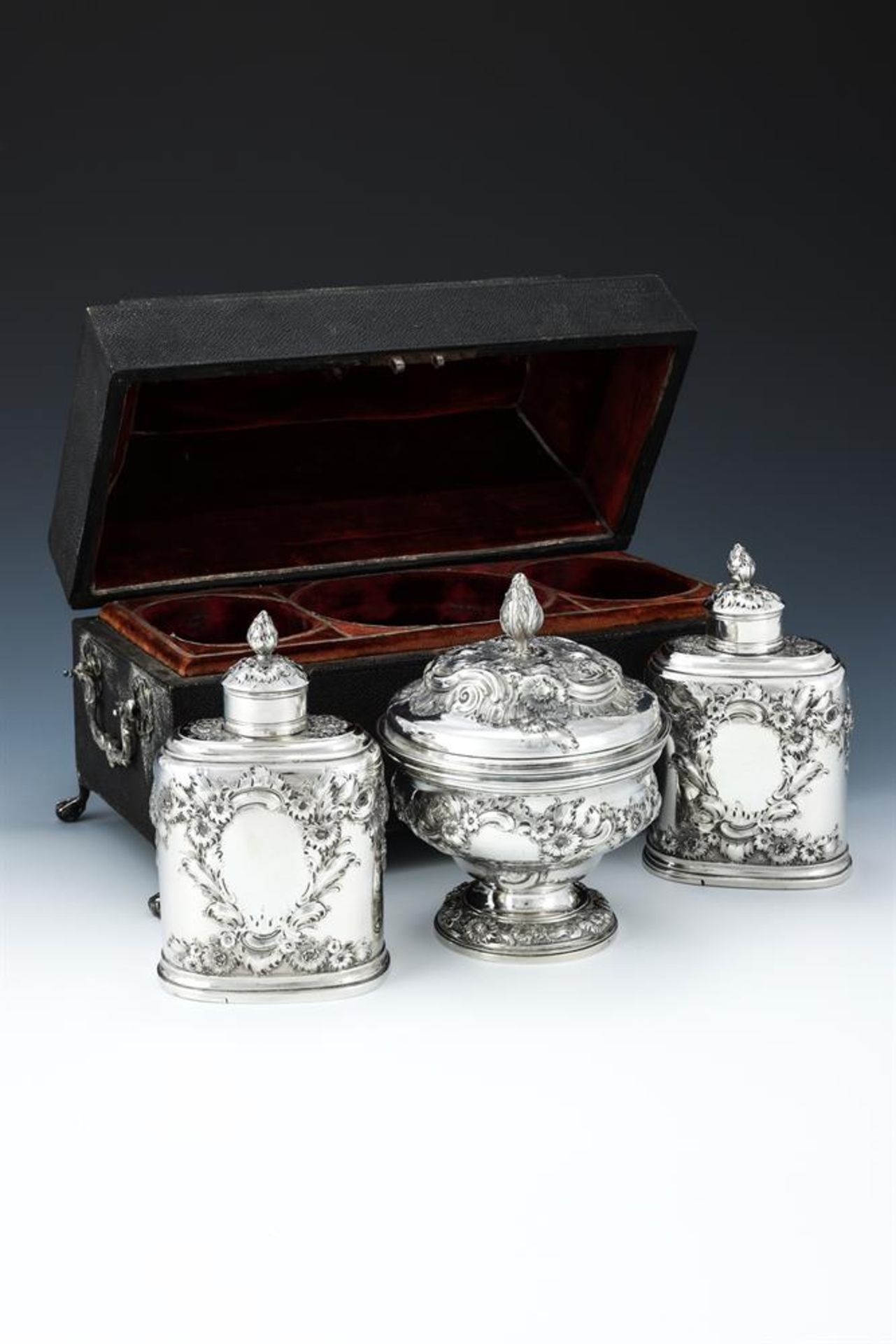 A CASED PAIR OF GEORGE II SILVER TEA CADDIES AND A SUGAR BOWL AND COVER - Image 2 of 3