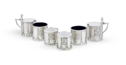 A SILVER SIX PIECE REGIMENTAL DRUM CRUET SET