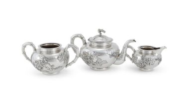 Y A CHINESE SILVER THREE PIECE TEA SET