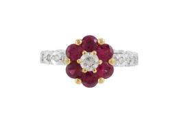 A RUBY AND DIAMOND CLUSTER RING