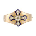 A VICTORIAN DIAMOND, HALF PEARL AND ENAMEL HINGED GOLD BANGLE, CIRCA 1870