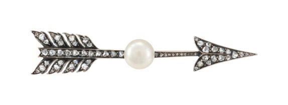 A LATE 19TH CENTURY BOUTON PEARL AND DIAMOND ARROW BROOCH, CIRCA 1890