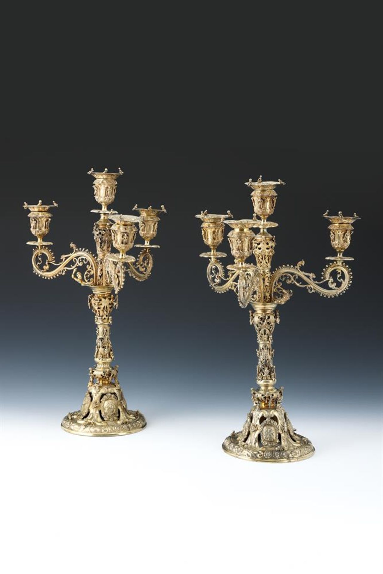 A PAIR OF MATCHED VICTORIAN SCOTTISH SILVER GILT FOUR LIGHT CANDELABRA - Image 2 of 9