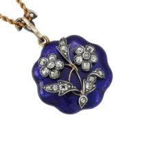 A MID VICTORIAN DIAMOND AND BLUE ENAMEL FLORAL SPRAY LOCKET PENDANT ON CHAIN, CIRCA 1870