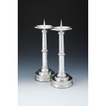 A PAIR OF SILVER ALTAR PRICKET CANDLESTICKS