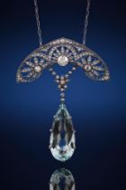 A BELLE EPOQUE AND LATER DIAMOND AND AQUAMARINE DROP PENDANT
