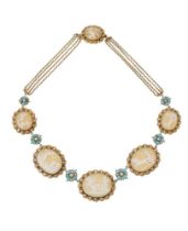 A REGENCY GOLD, SHELL CAMEO, TURQUOISE AND HALF PEARL NECKLACE, CIRCA 1820