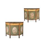 A PAIR OF POLYCHROME PAINTED DEMI-LUNE COMMODES, ATTRIBUTED TO WRIGHT & MANSFIELD