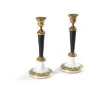 A PAIR OF FRENCH PORCELAIN AND ORMOLU MOUNTED CANDLESTICKS, 19TH CENTURY