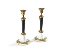 A PAIR OF FRENCH PORCELAIN AND ORMOLU MOUNTED CANDLESTICKS, 19TH CENTURY