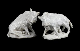 A PAIR OF DERBY WHITE PORCELAIN MODELS OF BOARS OF SO-CALLED 'DRY-EDGE' TYPE, CIRCA 1750-54