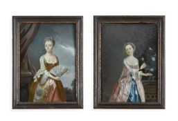 A PAIR OF REVERSE PAINTED PORTRAITS OF LADIES, LATE 18TH OR EARLY 19TH CENTURY