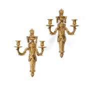 A PAIR OF LOUIS XVI STYLE GILT BRONZE TWIN-BRANCH WALL LIGHTS, LATE 19TH OR EARLY 20TH CENTURY