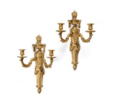 A PAIR OF LOUIS XVI STYLE GILT BRONZE TWIN-BRANCH WALL LIGHTS, LATE 19TH OR EARLY 20TH CENTURY