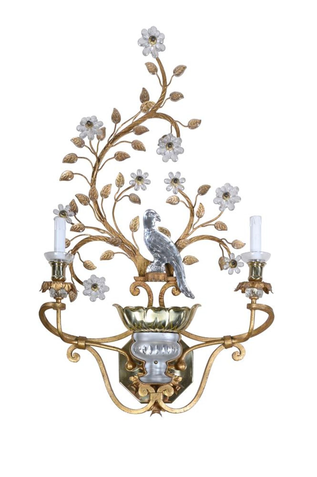 A LARGE PAIR OF GLASS MOUNTED GILT METAL WALL LIGHTS, IN THE MANNER OF MAISON BAGUÈS, MODERN - Image 3 of 3