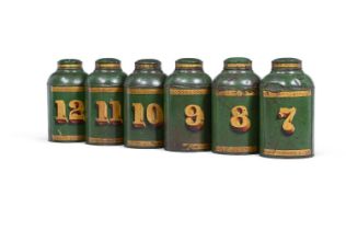 A RUN OF SIX VICTORIAN TOLE PEINTE TEA CANNISTERS, CIRCA 1830-1860