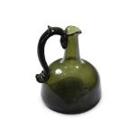 A RARE 'SQUAT MALLET' DARK OLIVE GREEN GLASS SERVING BOTTLE, EARLY 18TH CENTURY