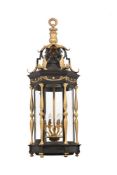 A LARGE PATINATED AND GILT METAL HANGING LANTERN, IN THE FRENCH REGENCY MANNER, 20TH CENTURY