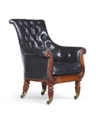 Y A GEORGE IV ROSEWOOD AND LEATHER UPHOLSTERED LIBRARY BERGERE ARMCHAIR, CIRCA 1825