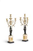 A PAIR OF REGENCY, ORMOLU, MARBLE AND BRONZE THREE LIGHT CANDELABRA, EARLY 19TH CENTURY