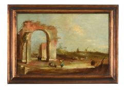 MANNER OF FRANCESCO GUARDI, THREE CAPRICCIO LANDSCAPES WITH FIGURES AND RUINS