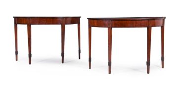 Y A PAIR OF GEORGE III SATINWOOD, MAHOGANY AND TULIPWOOD BANDED SEMI ELLIPTICAL CONSOLE TABLES