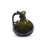 A RARE HALF SIZE 'ONION' DARK OLIVE GREEN GLASS SERVING BOTTLE, EARLY 18TH CENTURY