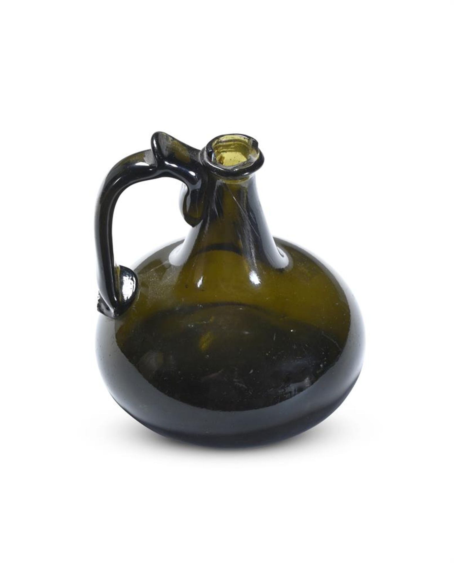 A RARE HALF SIZE 'ONION' DARK OLIVE GREEN GLASS SERVING BOTTLE, EARLY 18TH CENTURY