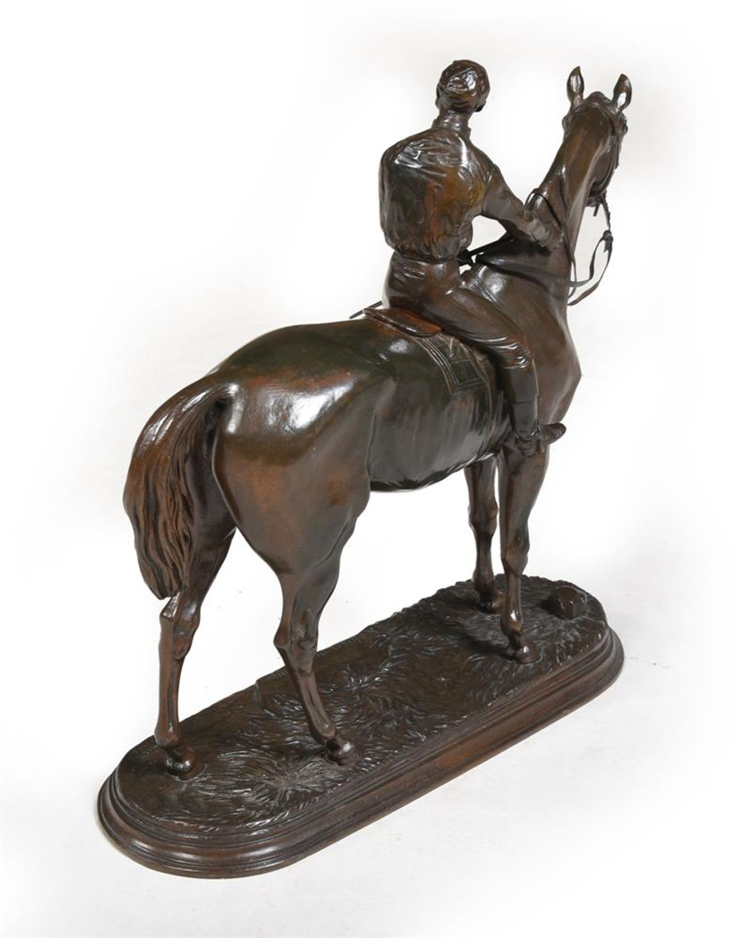 JULES MOIGNIEZ (FRENCH, 1835-1894), A BRONZE FIGURE OF A HORSE AND JOCKEY 'RETOUR AU PESAGE' - Image 4 of 5