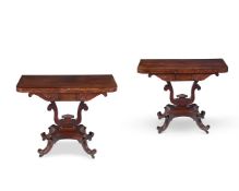 Y A PAIR OF REGENCY MAHOGANY AND ROSEWOOD CROSSBANDED CARD TABLES, CIRCA 1820