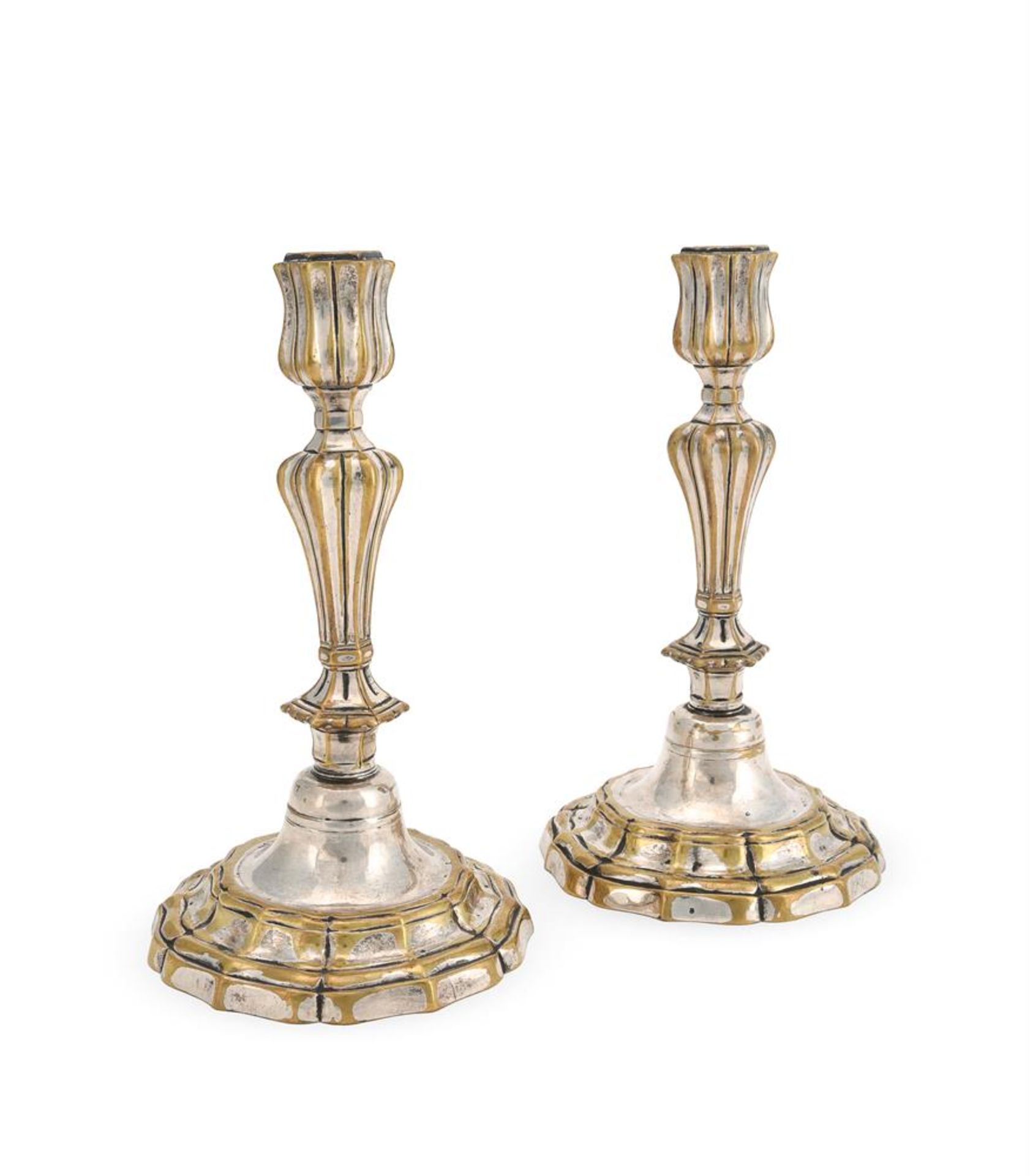 A PAIR OF LOUIS XV SILVERED BRASS CANDLESTICKS, C COURONNÉ POINÇON FOR 1745-49