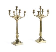 A PAIR OF EMPIRE REVIVAL ORMOLU FIVE LIGHT CANDELABRA, 19TH CENTURY