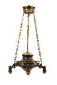 A FRENCH PATINATED AND GILT BRONZE THREE LIGHT CHANDELIER, 19TH OR EARLY 20TH CENTURY