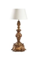 A CARVED GILTWOOD LAMP BASE, 19TH CENTURY