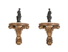 A PAIR OF CARVED GILTWOOD WALL BRACKETS OR CONSOLE TABLES, IN MID 18TH CENTURY STYLE, 20TH CENTURY