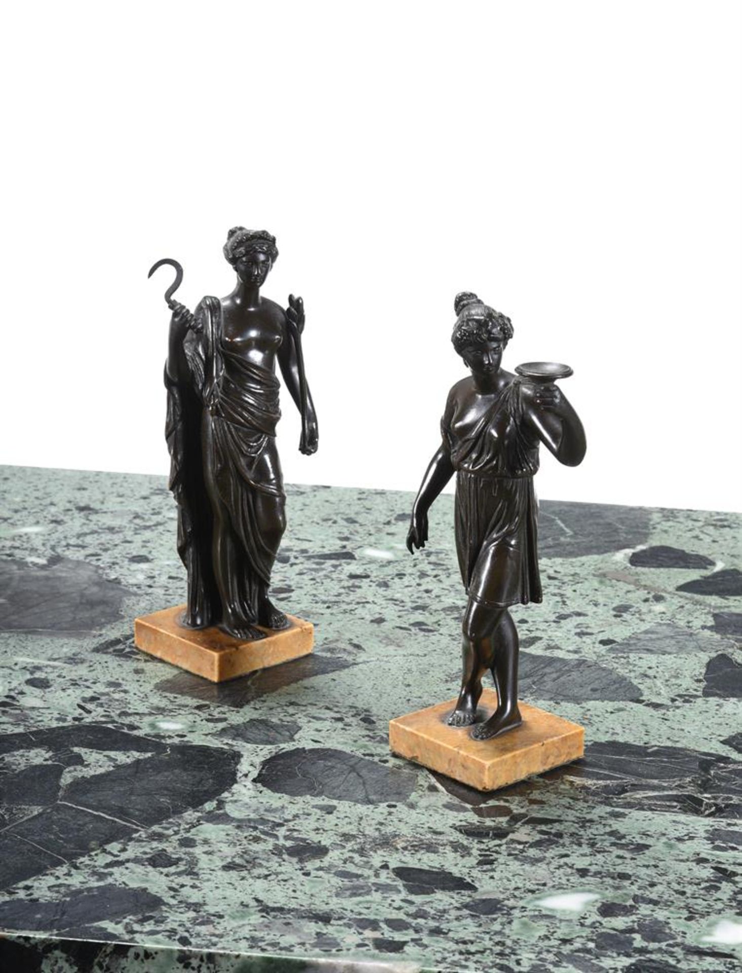 A PAIR OF BRONZE NEOCLASSICAL FEMALE FIGURES EMBLEMATIC OF THE HARVEST, MID 19TH CENTURY - Image 3 of 3