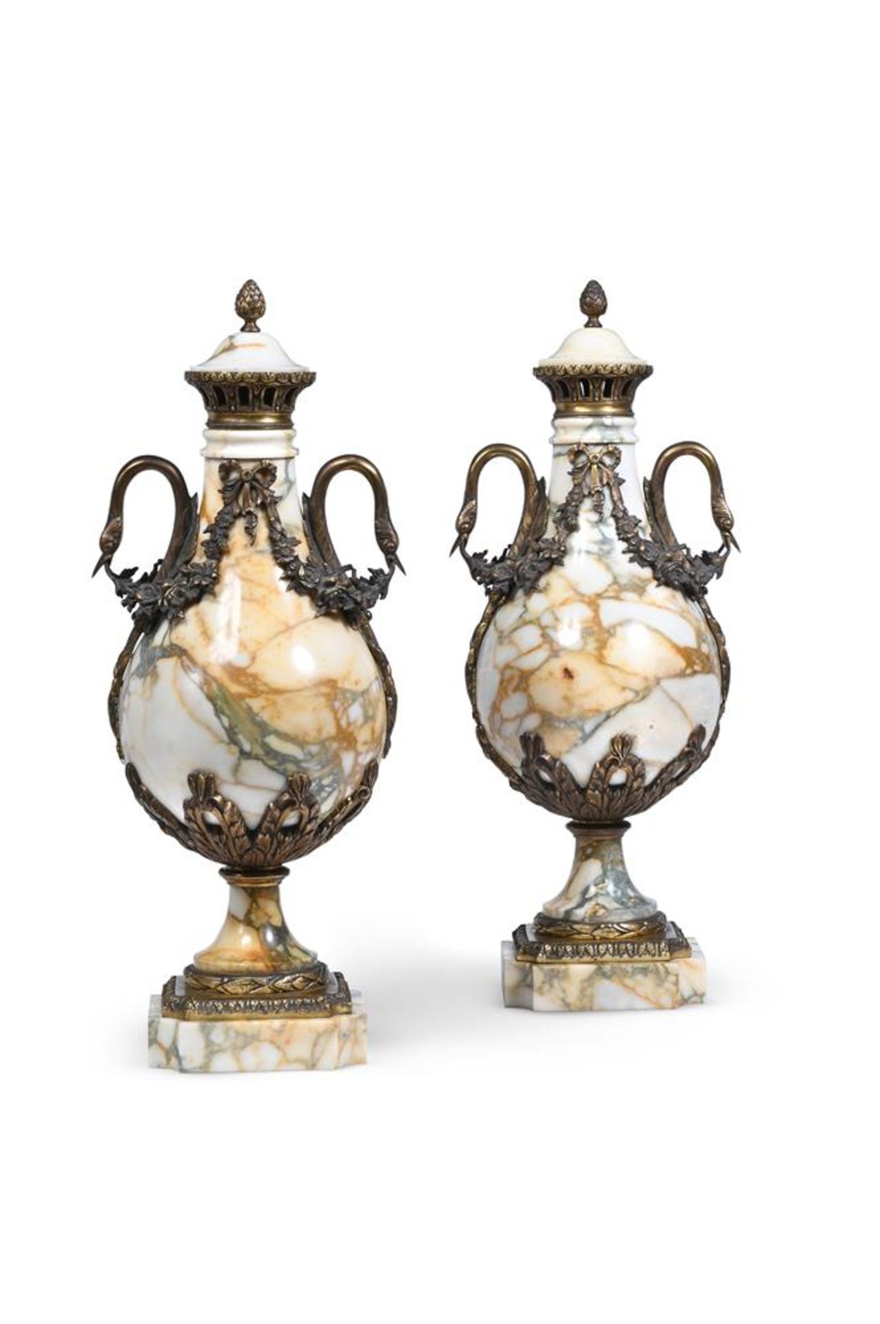 A PAIR OF GILT METAL MOUNTED MARBLE URNS, FRENCH OR ITALIAN, LATE 19TH OR EARLY 20TH CENTURY - Image 2 of 2