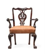 AN AMERICAN CARVED MAHOGANY OPEN ARMCHAIR, IN GEORGE II STYLE, 19TH CENTURY