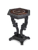 Y A CEYLONESE CARVED EBONY, SPECIMEN-WOOD AND IVORY INLAID OCCASIONAL TABLE, CIRCA 1835