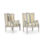 A PAIR OF FRENCH GREY PAINTED BEECH ARMCHAIRS, IN LOUIS XVI STYLE, LAST QUARTER 19TH CENTURY